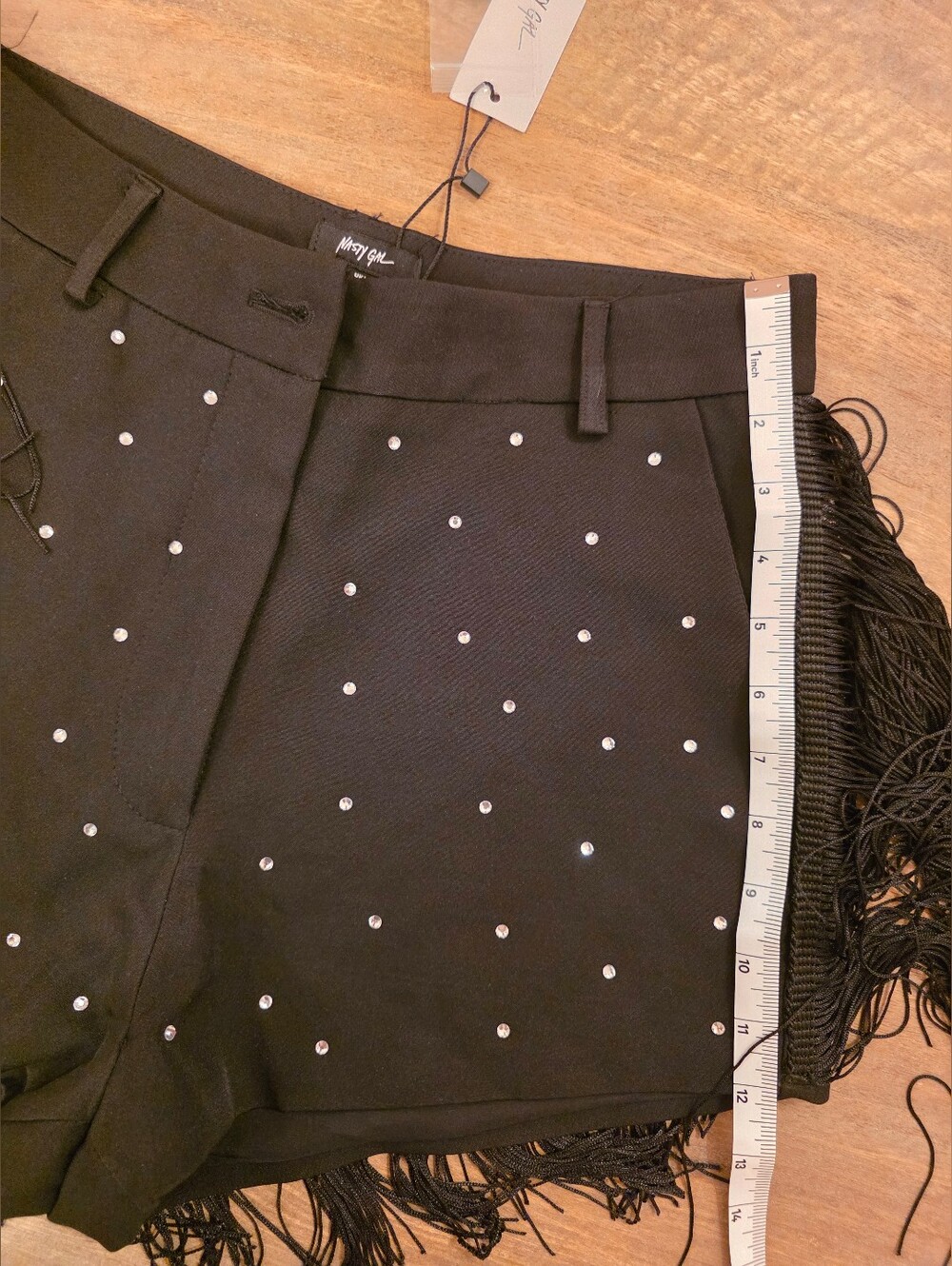 Nasty Gal Black Rhinestone Studded Fringe Back Shorts US Sz 6 - Picture 7 of 15